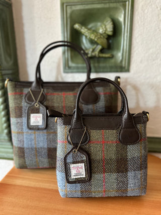 Harris Tweed® Echtleder  mini Tote Highland Check mit dunkelbraunem Leder