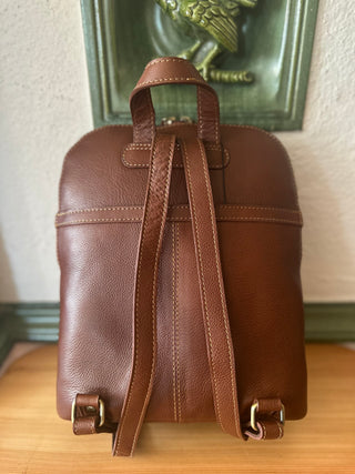Der Rucksack ist von hinten zu sehen. Der Rücken ist komplett in Vollleder ausgeführt.